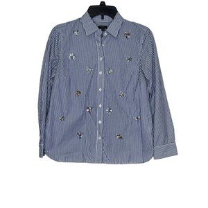 Talbots Women Shirt Button Down Blouse Beaded Bees Dragon Fly Flowers 6 Petites